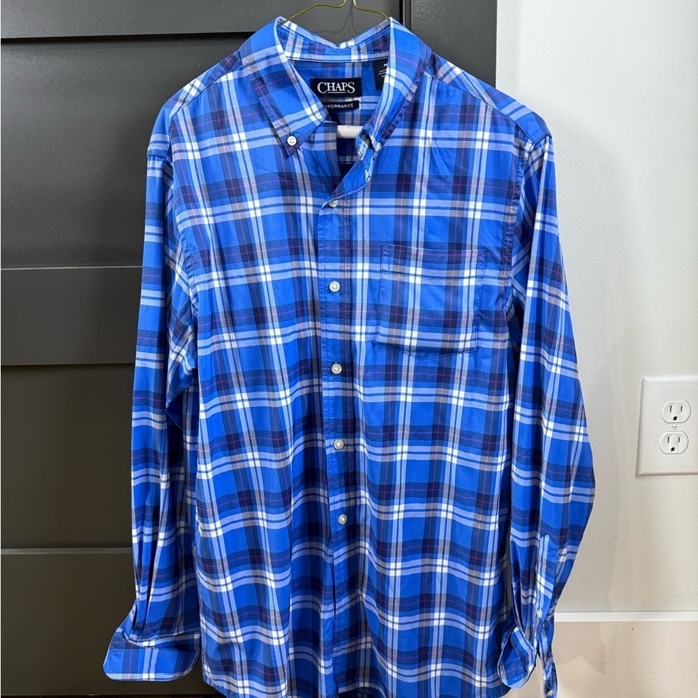 Chaps Performance Men's Blue and White Plaid Shirt Size Medium